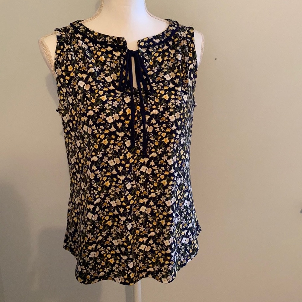 Tie front navy & yellow flowered blouse.  New with tags